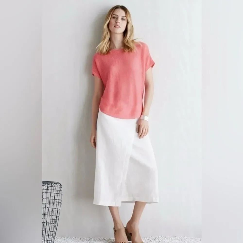 Eileen Fisher Organic Linen Faux Wrap Front Skirt White Small
